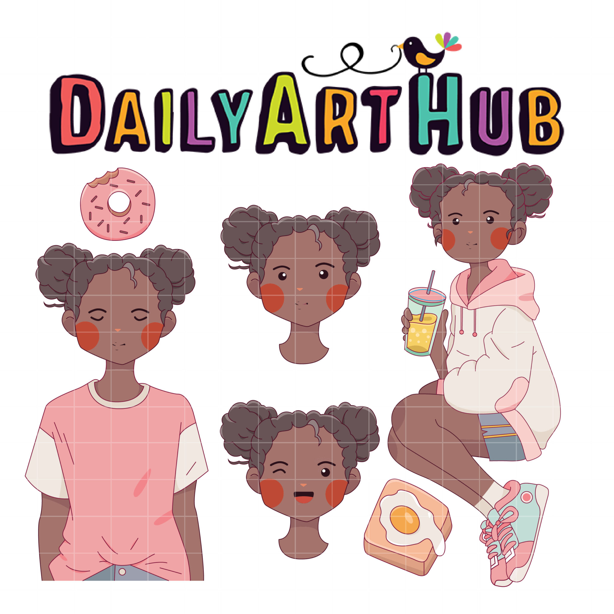 Cute Black Girl Anime Character Clip Art Set