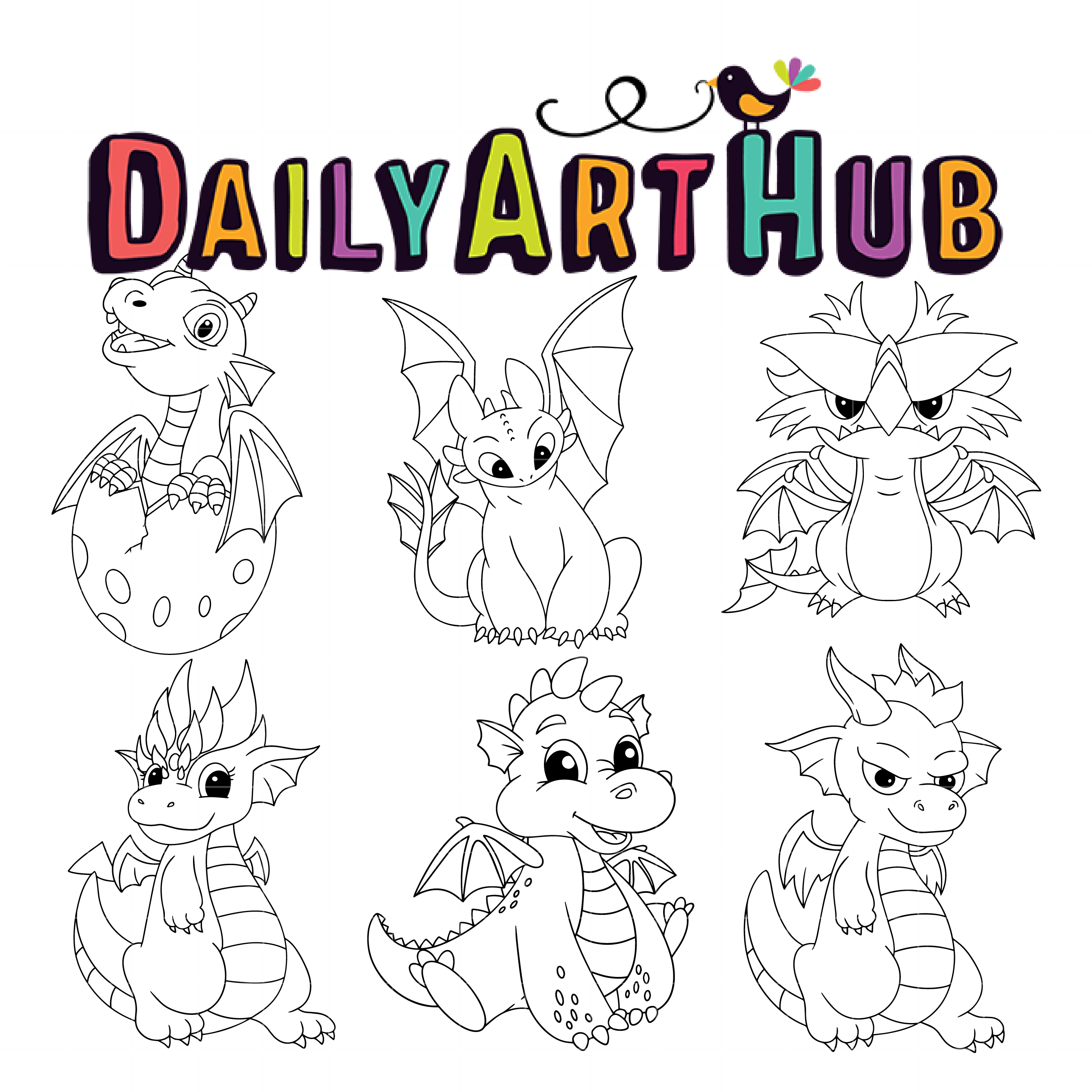 Cute Dragon Outline Drawing Clip Art Set Daily Art Hub Free Clip