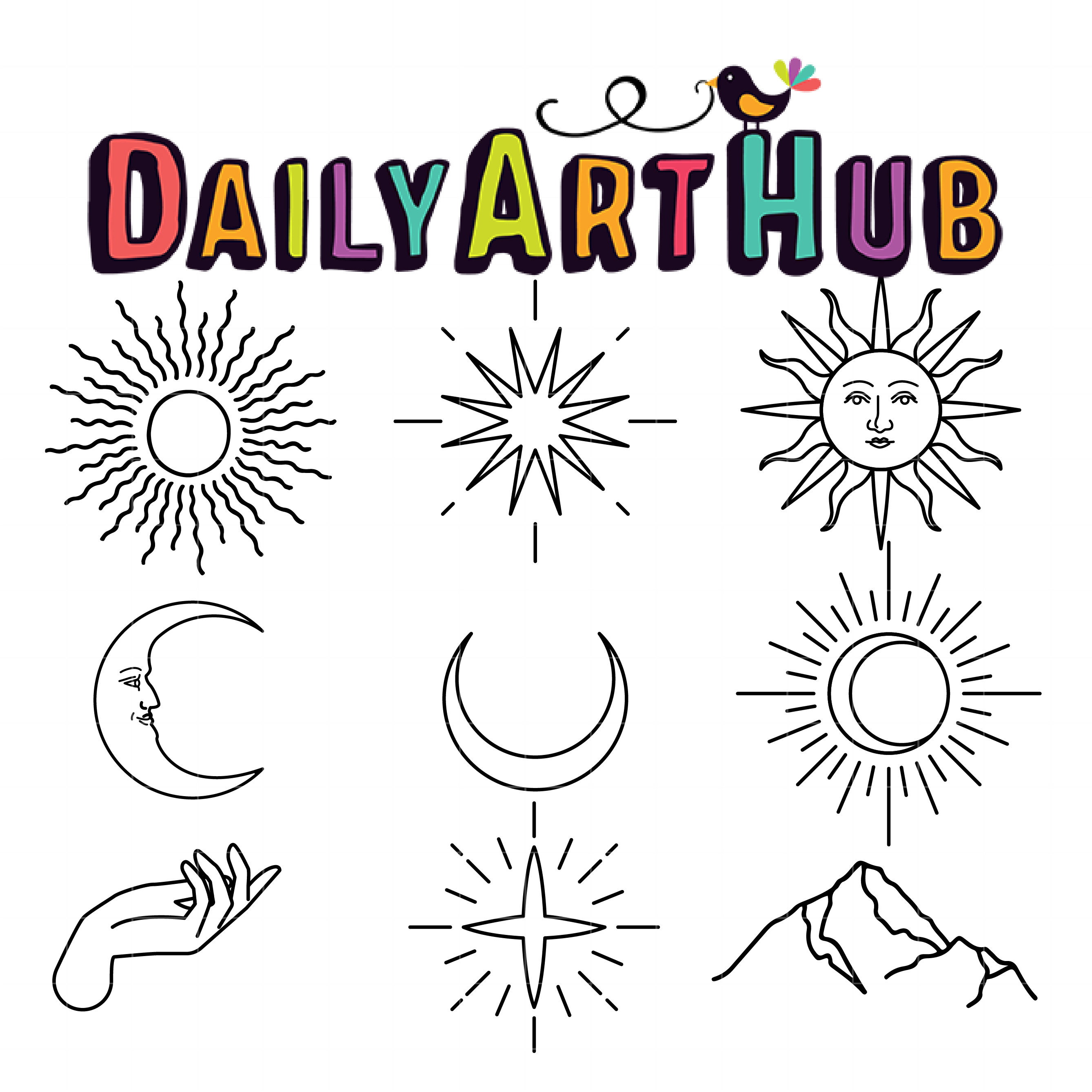 Celestial Sun And Moon Outline Clip Art Set Daily Art Hub Free Clip Art Everyday