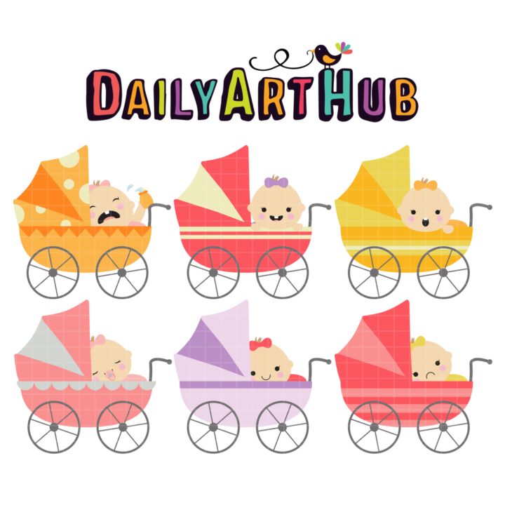 Baby Girls In Strollers Clip Art Set