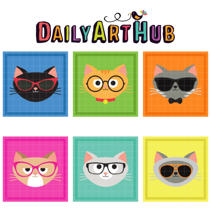 Cute Cats With Glasses Clip Art Set