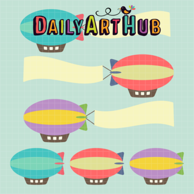 Cute Blimps With Banners Clip Art Set